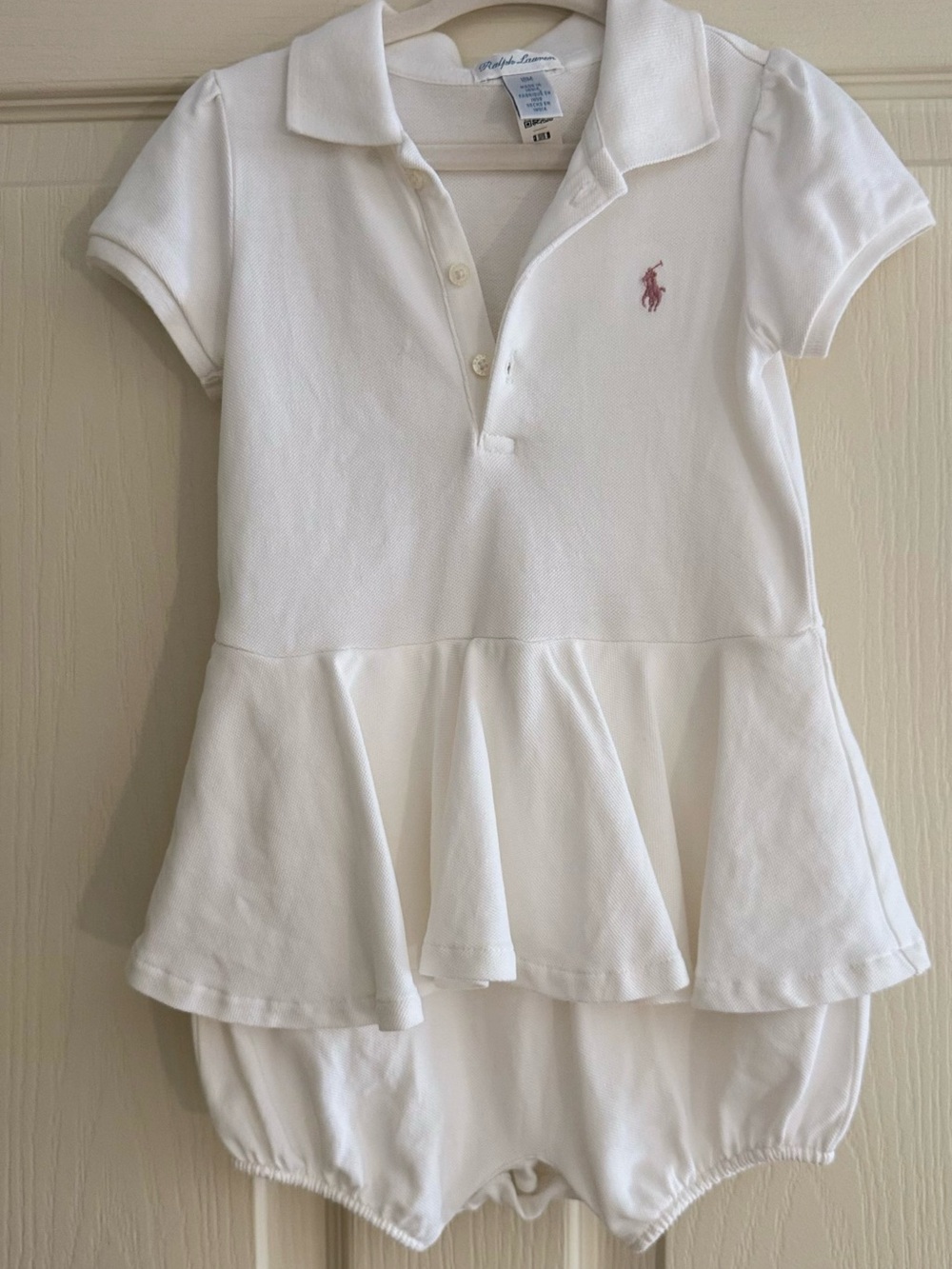 Ralph Lauren White Polo Peplum Bubble Romper with Pink Pony